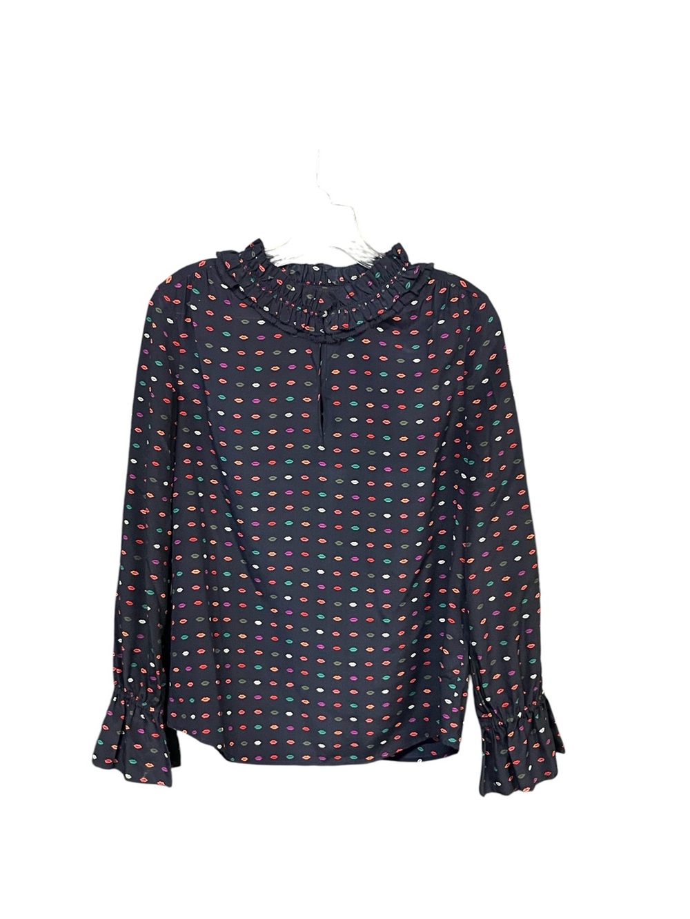 J.Crew Silk Blouse Women 4 Navy Multicolor Lips Ruffle Button Keyhole